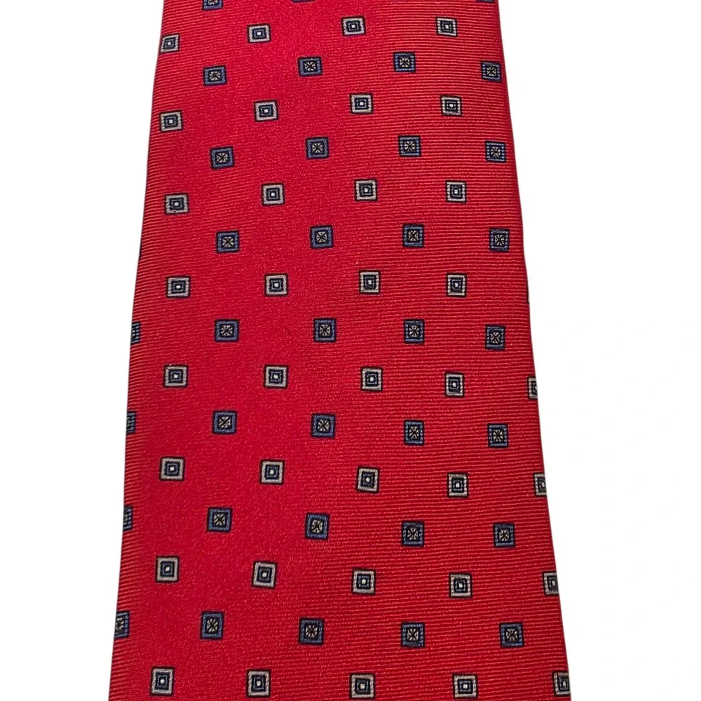 Vintage Christian Dior Tie Red Silk Geometric Square Pattern Mens Luxury Necktie